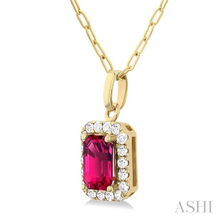 6x4 MM Octagonal Shape Pink Tourmaline and 1/6 Ctw Round Cut Diamond Halo Semi-Precious Pendant with Chain in 14K Yellow Gold