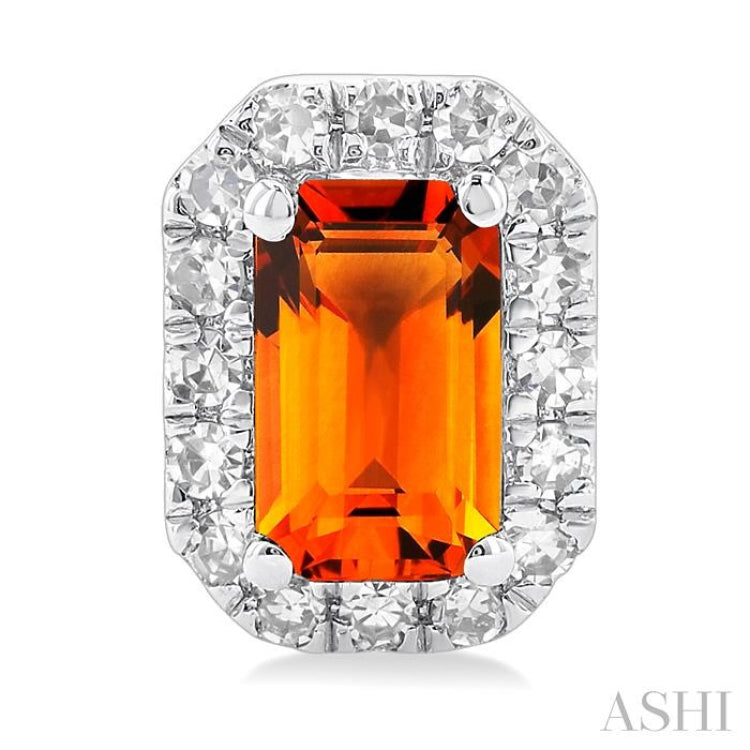 5x3 MM Octagonal Shape Citrine and 1/8 Ctw Single Cut Diamond Halo Semi-Precious Stud Earrings in 14K White Gold