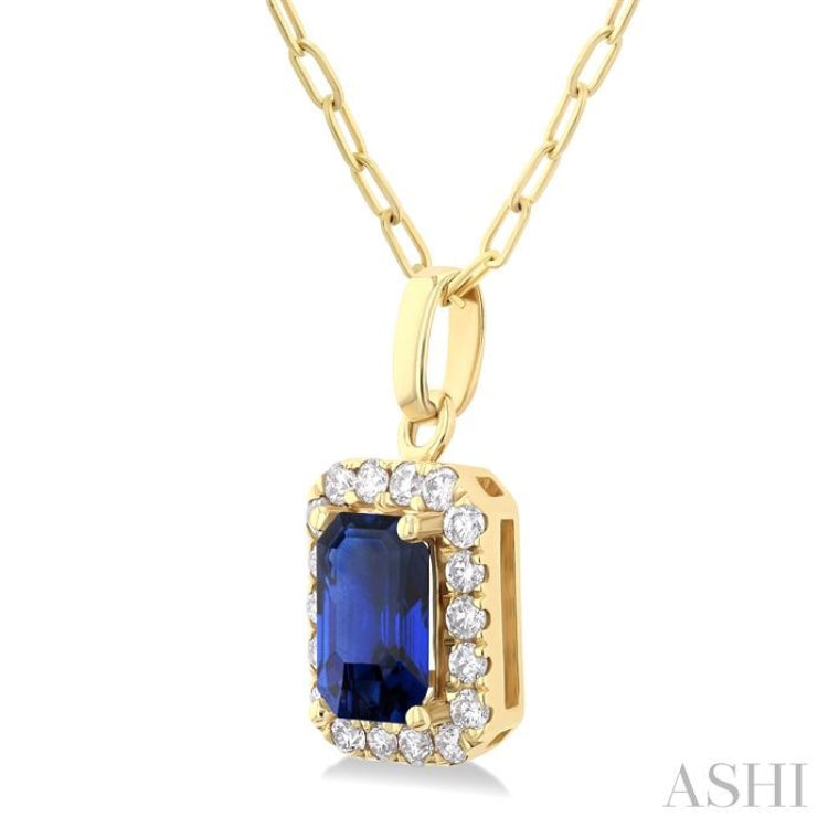 6x4 MM Octagonal Shape Sapphire and 1/6 Ctw Round Cut Diamond Halo Precious Pendant with Chain in 10K Yellow Gold