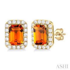 6x4 MM Octagonal Shape Citrine and 1/4 Ctw Round Cut Diamond Halo Semi-Precious Stud Earrings in 14K Yellow Gold