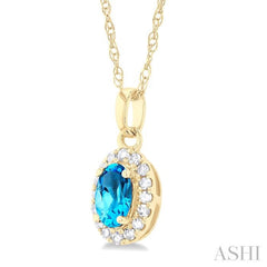 5x3 MM Oval Shape Blue Topaz and 1/20 Ctw Single Cut Diamond Halo Semi-Precious Pendant with Chain in 14K Yellow Gold
