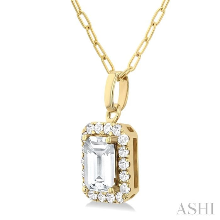 6x4 MM Octagonal Shape White Topaz and 1/6 Ctw Round Cut Diamond Halo Semi-Precious Pendant with Chain in 10K Yellow Gold