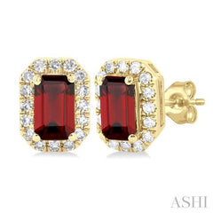 5x3 MM Octagonal Shape Garnet and 1/8 Ctw Single Cut Diamond Halo Semi-Precious Stud Earrings in 10K Yellow Gold