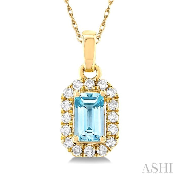 5x3 MM Octagonal Shape Aquamarine and 1/20 Ctw Single Cut Diamond Halo Semi-Precious Pendant with Chain in 14K Yellow Gold