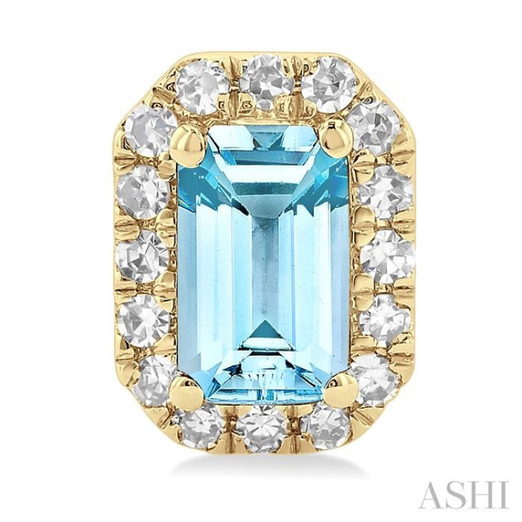 5x3 MM Octagonal Shape Aquamarine and 1/8 Ctw Single Cut Diamond Halo Semi-Precious Stud Earrings in 10K Yellow Gold