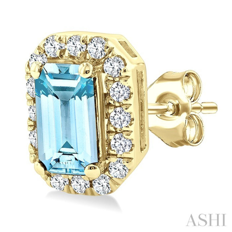 5x3 MM Octagonal Shape Aquamarine and 1/8 Ctw Round Cut Diamond Halo Semi-Precious Stud Earrings in 10K Yellow Gold