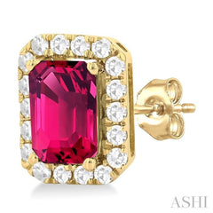 6x4 MM Octagonal Shape Pink Tourmaline and 1/4 Ctw Round Cut Diamond Halo Semi-Precious Stud Earrings in 14K Yellow Gold
