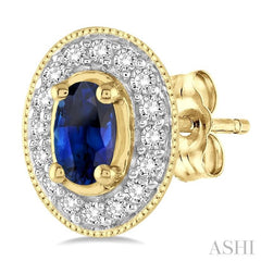 5x3 MM Oval Cut Sapphire and 1/4 Ctw Round Cut Diamond Earrings in 14K Yellow Gold