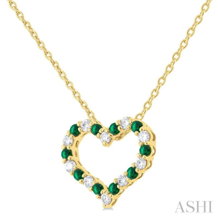 1.4 MM Round Cut Emerald and 1/8 Ctw Open Heart Round Cut Diamond Precious Fashion Pendant With Chain in 14K Yellow Gold