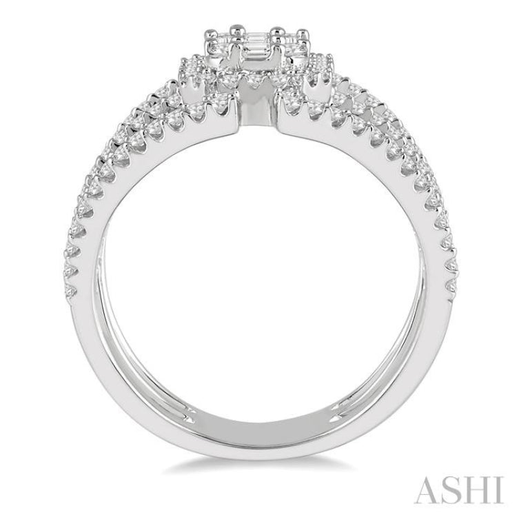 1 1/10 Ctw Triple Ring Baguette & Round Cut Diamond Ring in 14K White Gold