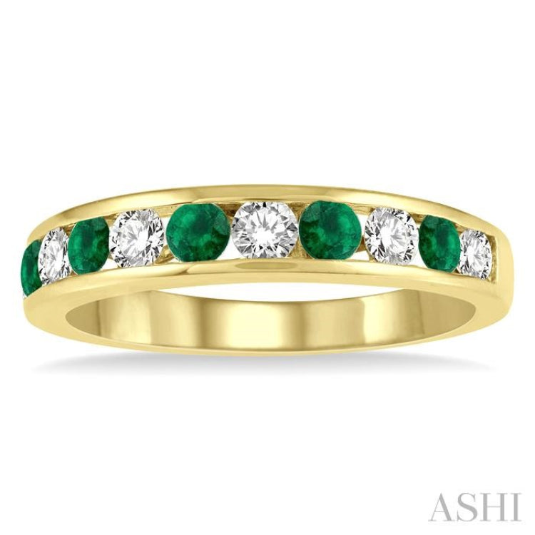 2.6 MM Emerald and 3/8 Ctw Round Cut Diamond Precious Wedding Band in 14K Yellow Gold
