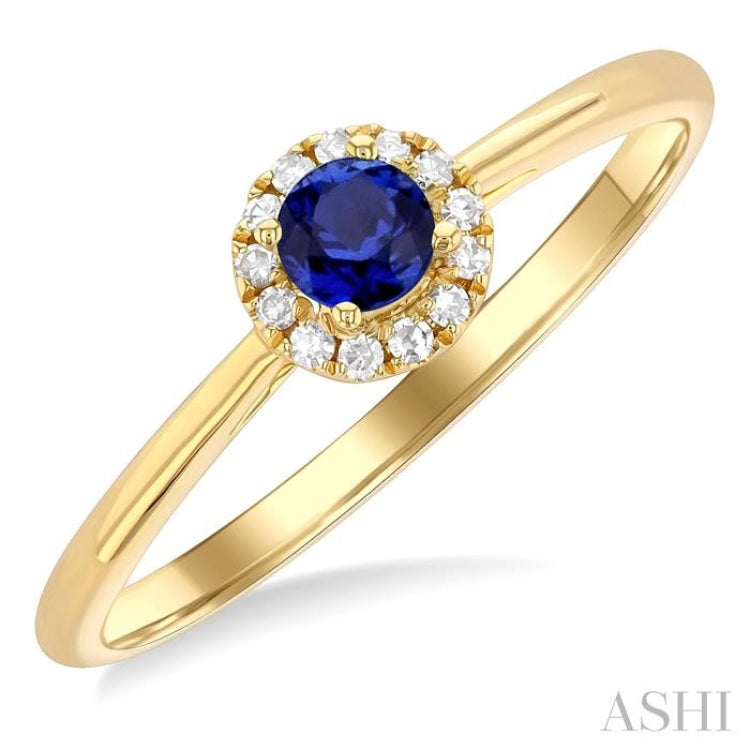 3.25 MM Round Sapphire and 1/20 Ctw Round Cut Diamond Halo Precious Ring in 10K Yellow Gold