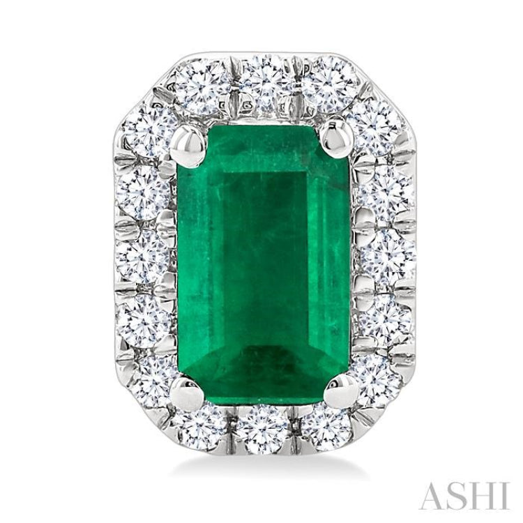 5x3 MM Octagonal Shape Emerald and 1/8 Ctw Round Cut Diamond Halo Precious Stud Earrings in 10K White Gold