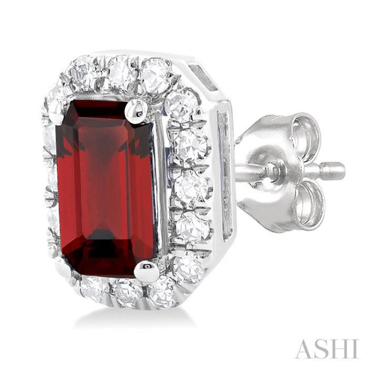 5x3 MM Octagonal Shape Garnet and 1/8 Ctw Round Cut Diamond Halo Semi-Precious Stud Earrings in 10K White Gold
