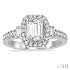 7/8 Ctw Diamond Engagement Ring with 1/2 Ct Octagon Cut Center Diamond in 14K White Gold