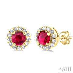 3.25 MM Round Ruby and 1/10 Ctw Round Cut Diamond Halo Precious Stud Earrings in 14K Yellow Gold