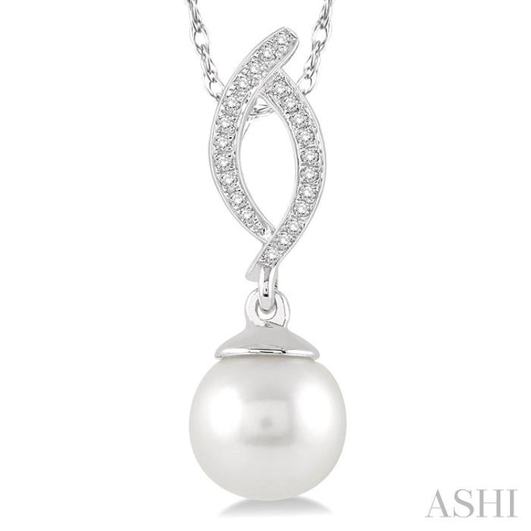 7x7 MM Round Cut Cultured Pearl and 1/20 Ctw Round Cut Diamond Pendant in 14K White Gold with Chain