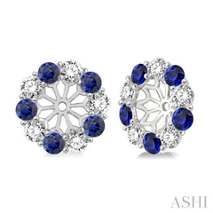 2.9 MM Round Cut Sapphire and 1 Ctw Round Cut Diamond Precious Earrings Jacket in 14K White Gold