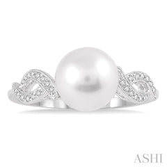 8x8 MM Round Cut Cultured Pearl and 1/20 Ctw Round Cut Diamond Ring in 14K White Gold