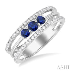 3.2 MM, 2.7 MM Round Cut Sapphire & 1/4 Ctw Round Cut Diamond Past Present and Future Precious Layered Fashion Ring in 10K White Gold