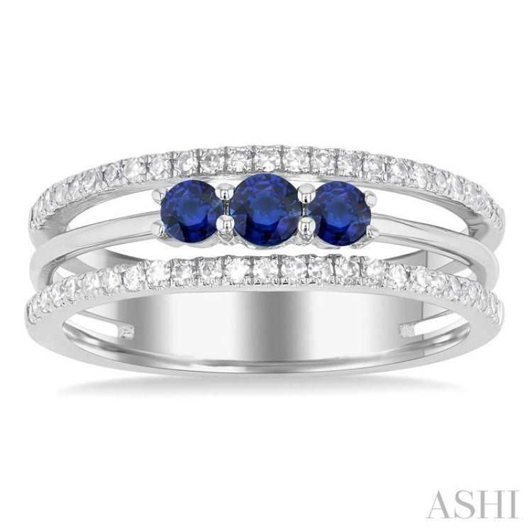 3.2 MM, 2.7 MM Round Cut Sapphire & 1/4 Ctw Round Cut Diamond Past Present and Future Precious Layered Fashion Ring in 10K White Gold