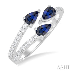 5x3 MM Pear Cut Sapphire and 1/4 Ctw Round Cut Embraced 3-Stone East-West Set Diamond Precious Open Fashion Ring in 14K White Gold