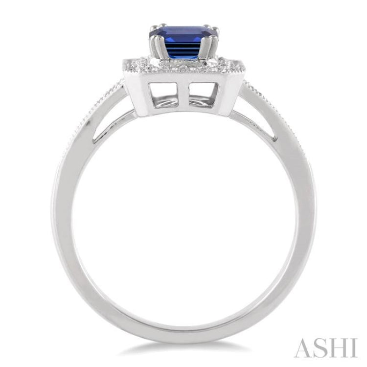 6x4 MM Emerald Shape Sapphire and 1/4 Ctw Round Cut Diamond Ring in 14K White Gold