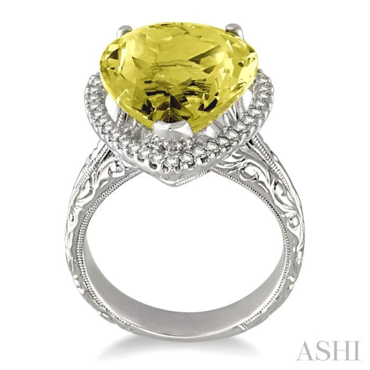 16x13 MM Pear Shape Lemon Quartz and 1/3 Ctw Round Cut Diamond Semi-Precious Ring in 14K White Gold