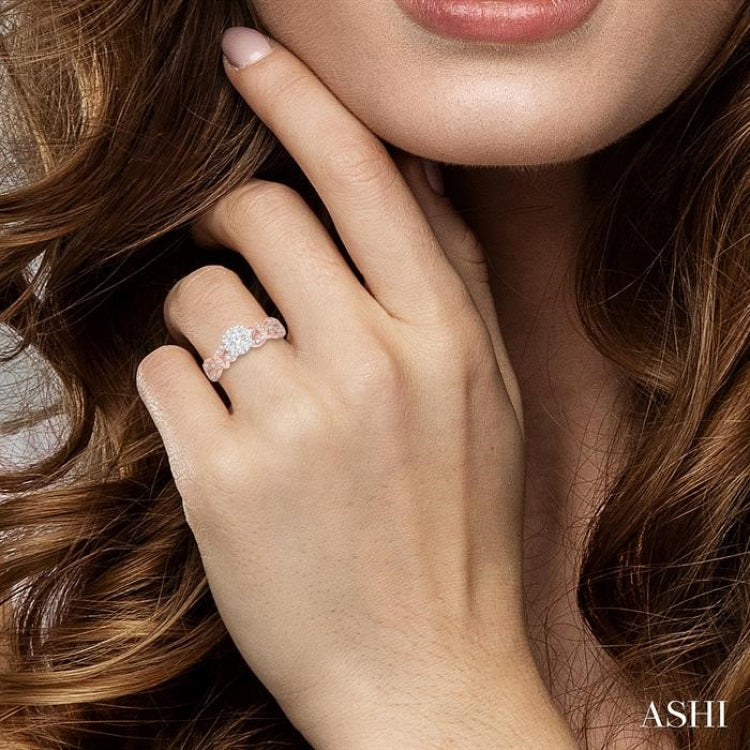 1/2 Ctw Marquise and Circular Mount Carved Lovebright Round Cut Diamond Engagement Ring in 14K Rose and White Gold