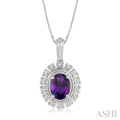 8x6 MM Oval Shape Amethyst and 1/10 Ctw Round Cut Diamond Semi-Precious Pendant With Chain in 10K White Gold
