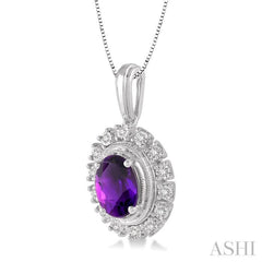 8x6 MM Oval Shape Amethyst and 1/10 Ctw Round Cut Diamond Semi-Precious Pendant With Chain in 10K White Gold