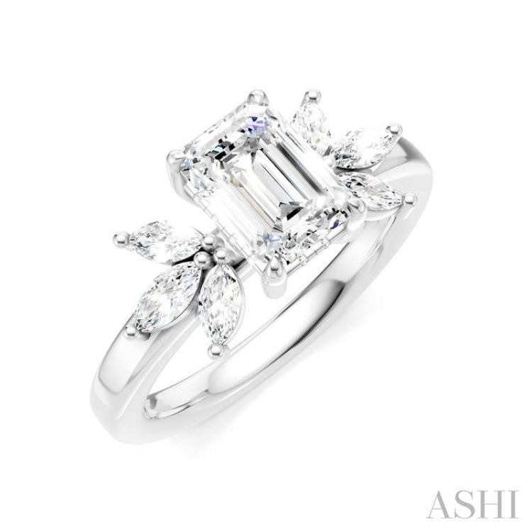 1/2 Ctw Emerald Shape Marquise and Round Cut Diamond Semi-Mount Engagement Ring in 14K White Gold