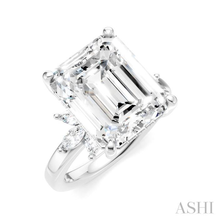 5/8 Ctw Emerald Shape Marquise and Round Cut Diamond Semi-Mount Engagement Ring in 14K White Gold