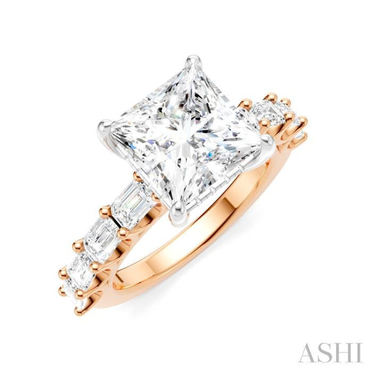 1 1/3 Ctw Princess Shape Emerald and Round Cut Diamond Semi-Mount Engagement Ring in 14K Rose and White Gold