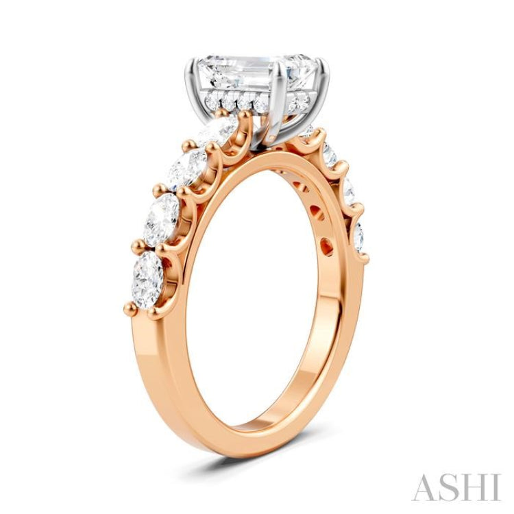 7/8 Ctw Emerald Shape Oval and Round Cut Diamond Semi-Mount Engagement Ring in 14K Rose and White Gold