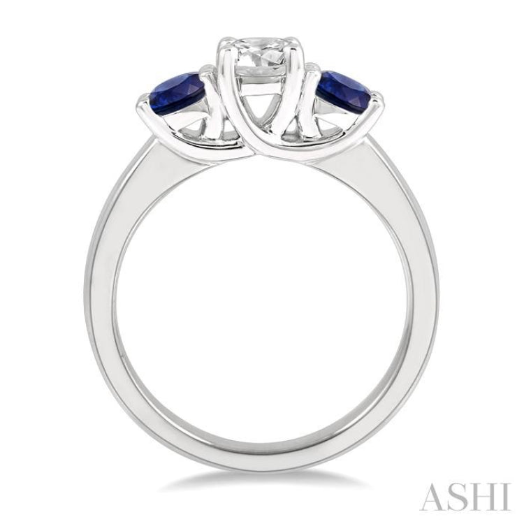 3.90 MM Round Shape Sapphire and 1/2 Ctw Past Present and Future Round Cut Diamond Precious Ring in 14K White Gold