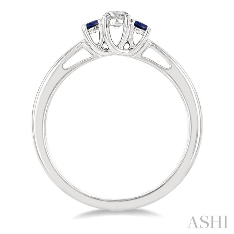 2.15 MM Round Shape Sapphire and 1/6 Ctw Past Present and Future Round Cut Diamond Precious Ring in 14K White Gold