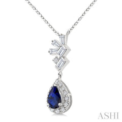 6X4MM Pear Cut  Sapphire, Round and 1/4 Ctw  Baguette Cut Scatter Diamond Precious Fashion Pendant With Chain in 10K White Gold