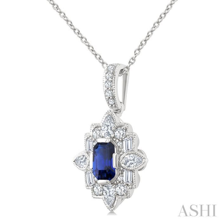 5/8 Ctw Art Deco 6X4MM Octagon Shape Sapphire and Mixed Cut Diamond Precious Pendant With Chain in 14K White Gold