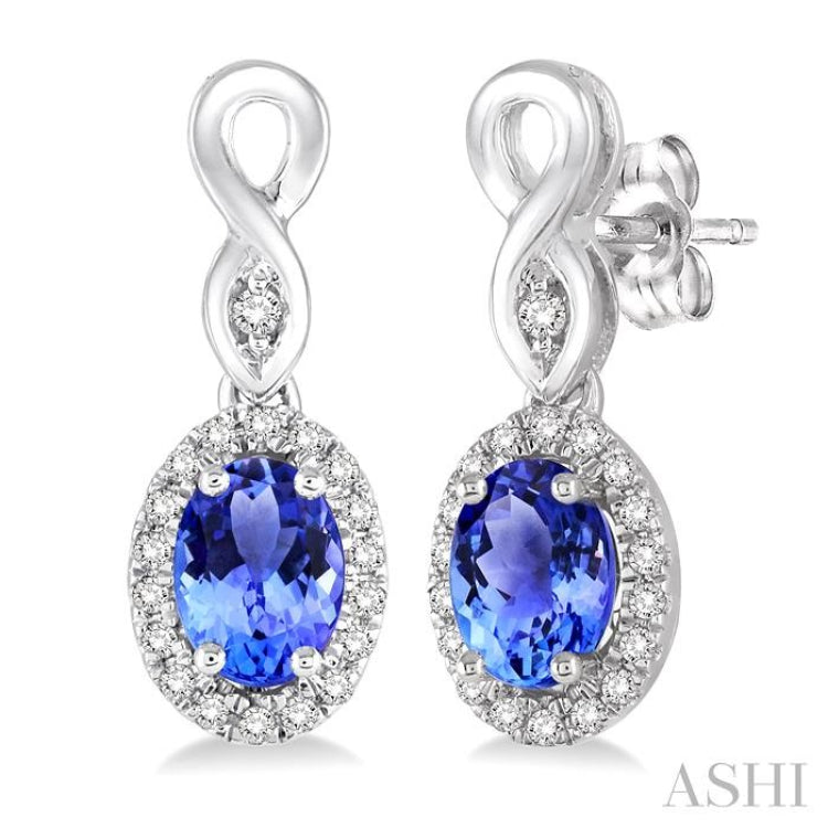 5x3 MM Oval Cut Tanzanite and 1/6 Ctw Round Cut Diamond Earrings in 14K White Gold