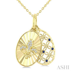 1 MM Round Cut Sapphire and 1/50 Ctw Round Cut Diamond  Fluted fleur De Lis Shaped Precious Pendant with Chain in 10K Yellow Gold