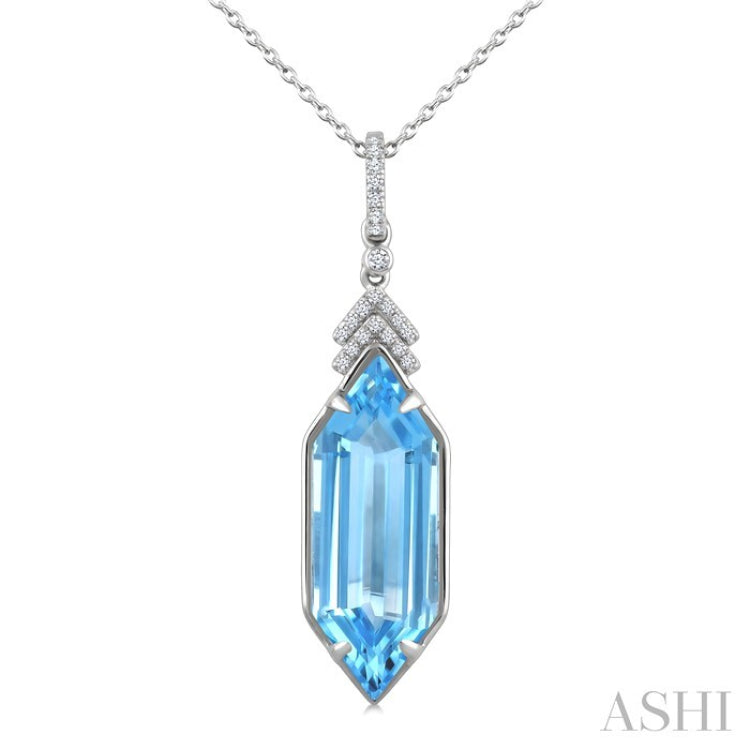 22X8 MM Evoque Gemstones Hexagon Shape Blue Topaz and 1/10 Ctw Round Cut Diamond Semi-Precious Pendant With Chain in 14K White Gold