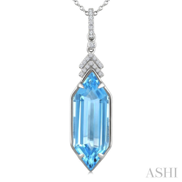 22X8 MM Evoque Gemstones Hexagon Shape Blue Topaz and 1/10 Ctw Round Cut Diamond Semi-Precious Pendant With Chain in 14K White Gold