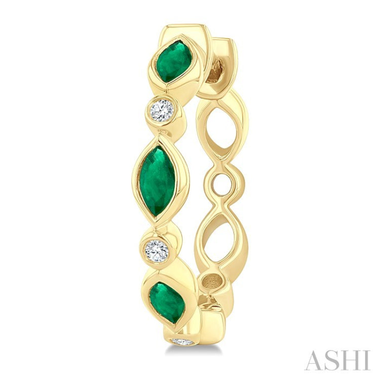 4X2MM Marquise Cut Emerald and 1/20 Ctw Bezel Set Round cut Diamond Precious Fashion Hoop Earrings in 10K Yellow Gold
