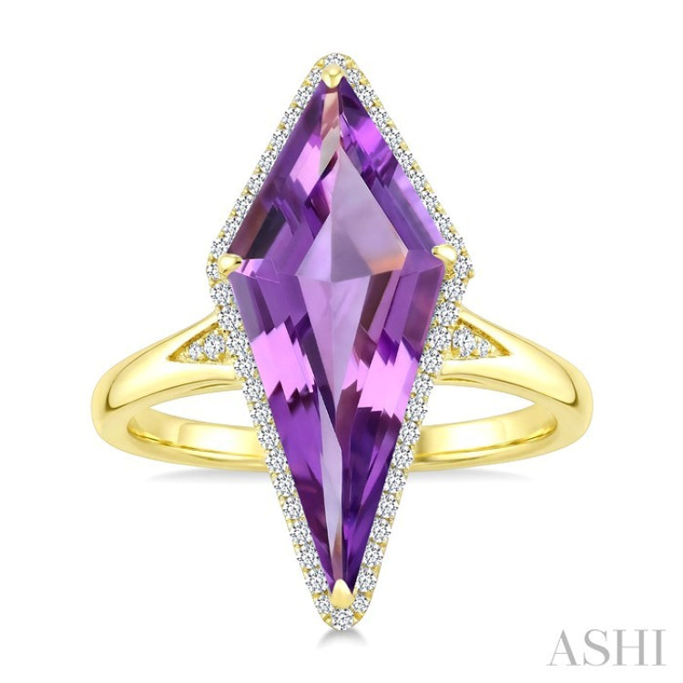 22X9 MM Evoque Gemstones Kite Shape Amethyst and 1/5 Ctw Round Cut Diamond Semi-Precious Ring in 14K Yellow Gold