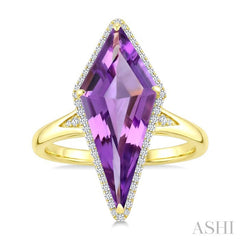 22X9 MM Evoque Gemstones Kite Shape Amethyst and 1/5 Ctw Round Cut Diamond Semi-Precious Ring in 14K Yellow Gold