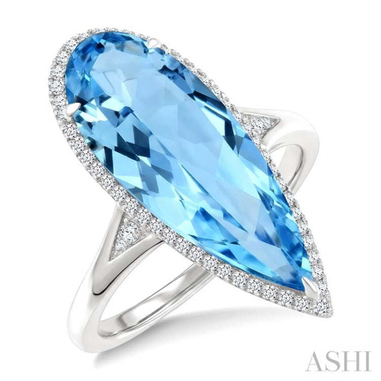 22X8 MM Evoque Gemstones Pear Shape Blue Topaz and 1/5 Ctw Round Cut Diamond Semi-Precious Ring in 14K White Gold