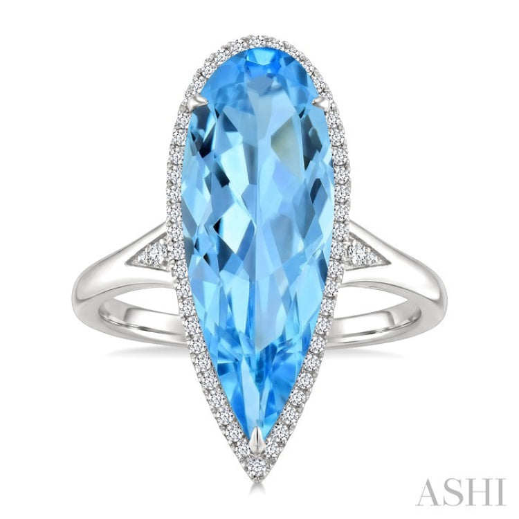 22X8 MM Evoque Gemstones Pear Shape Blue Topaz and 1/5 Ctw Round Cut Diamond Semi-Precious Ring in 14K White Gold