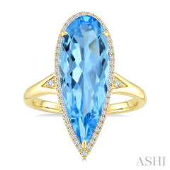 22X8 MM Evoque Gemstones Pear Shape Blue Topaz and 1/5 Ctw Round Cut Diamond Semi-Precious Ring in 14K Yellow Gold