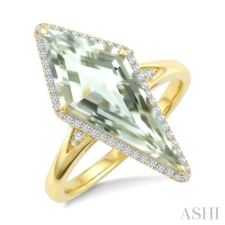 22X9 MM Evoque Gemstone Kite Shape Green Amethyst and 1/5 Ctw Round Cut Diamond Semi-Precious Ring in 14K Yellow Gold